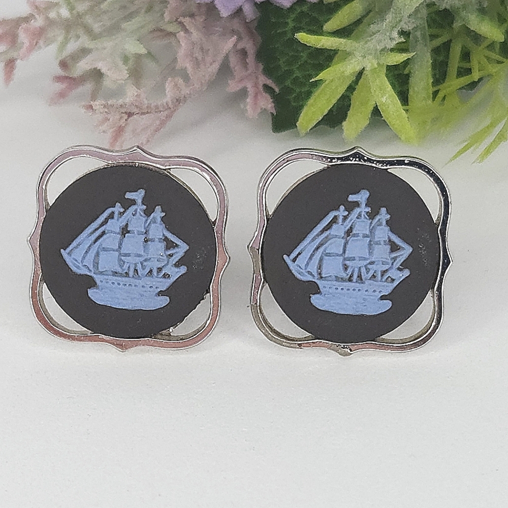 RARE Vintage Silver Wedgwood Black Jasper & Blue Golden Hind Ship Cuff Links